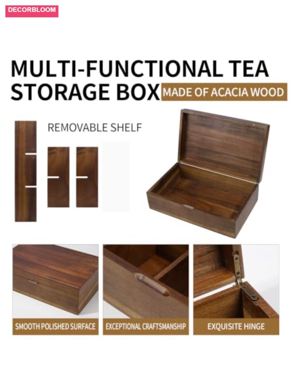 Acacia Wood Tea Bag Organizer Box Magnetic Lid 6 Compartment Tea Station - Picture 5 of 6